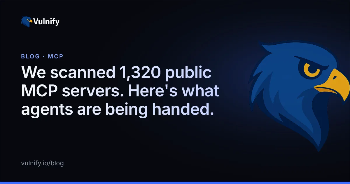 Vulnify blog cover: We scanned 1,320 public MCP servers. Here's what agents are being handed.